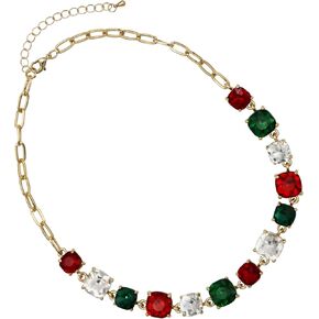 Rosemarie & Jubalee Women's Bejeweled Chirstmas Holiday Mix Colorful Cushion Cut Crystal Red Green Clear Rhinestones Gold Tone Statement Necklace, 16"+2.5" Extender