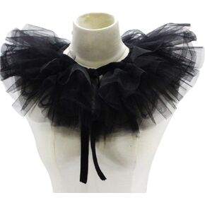 Decorative Collar Victorian Ruffled Mesh Fake Collar Shawl Tulle Clown Cosplay Neck Ruff Choker, 40cm, Black