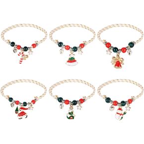 6 PCS Christmas Beaded Bracelet Christmas Jingle Bell Bracelets Xmas Tree Candy Cane Snowman Charm Bracelets Christmas Party Favors Adjustable Women Jewelry Suitable for Holiday Gifts