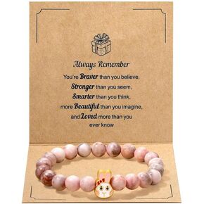 Kvekstio Animal Lover Pink Natural Stone Bracelet w/You are Braver Card for Women, Animal Themed Birthday Party Gift