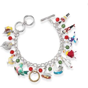 SAGEFINDS Enameled Silverplate 12 Days of Christmas Charm Bracelet | Holiday Jewelry Gift for Women | Adjusts to Fit, 7.25" – 8"