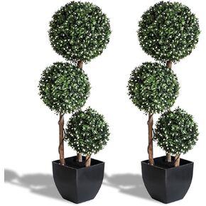 momoplant 2 Pack -35Inch/Artificial Triple Topiary Ball White Fruit Artificial Plant Topiaries Ball Tree -Triple Ball Boxwood- Indoor/Outdoor Topiaries Trees - Artificial Outdoor Plants Decor