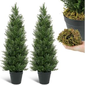 3ft Artificial Topiary Cedar Trees with Preserved Green Forest Moss – UV & Water Resistant Faux Outdoor Plants - Topiary Trees Artificial Outdoor & Indoor – 2 Pack