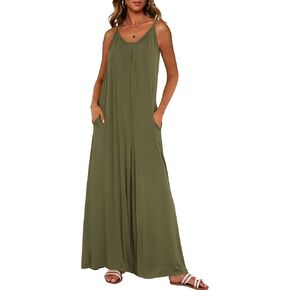 dowerme Women's Summer One Piece Jumpsuits 2025 Casual Spaghetti Strap Loose Wide Leg Long Pant Rompers With Pockets