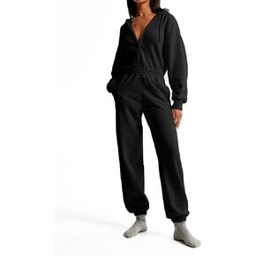 Jumpsuits for Women Casual Hoodie Long Sleeve Zip Up Sweatshirts Loose Jogger Sweatpants One Piece Romper Outfit