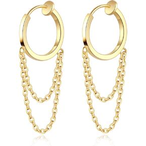 FAN&LOUIS Clip On Earrings Women,14K Gold Dangle Chain Drop Clip-On Earrings Small Hoop Huggie for Non-Pierced Ears Lightweight for Women Teen