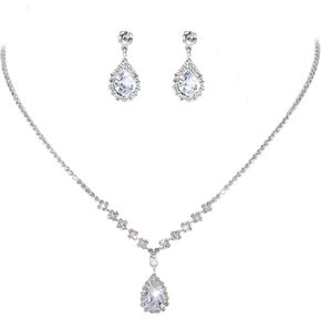 CIEHER Silver 2/3 Pieces Women Jewelry Set - Drop Necklace + Crystal Teardrop Dangle Earring Clips, Crystal Clip On Earrings Silver Non Pierced
