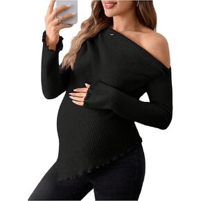 MakeMeChic Women's Maternity Tops One Shoulder Ruched Asymmetrical Lettuce Trim Pregnancy Rib Knit Tee Shirt
