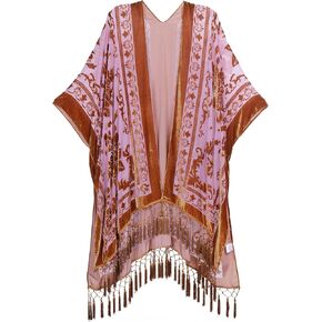 WeHello Women's Burnout Velvet Kimono Long Cardigan Cover Up with Tassel (Lilac)