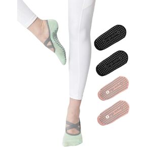 4 Pairs Yoga Socks for Women Non-Slip Grips & Straps,Ideal for Pilates, Pure Barre, Ballet,Dance,Barefoot