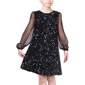 Sunny Fashion Girls Dress Black Sequin Sheer Mesh Long Sleeve Party Elegant Ball Gown