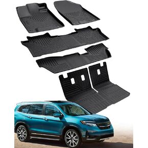 سجادات أرضية Liner Master® وسجادة صندوق السيارة لسيارة Honda Pilot 8 Passenger 2016 2017 2018 2019 2020 2021 2022 (ليست للطرازات النخبة) سجاد أرضية مطاطي TPE مناسب لجميع الأحوال الجوية، مجموعة كاملة من ملحقات السيارات باللون الأسود