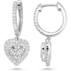 Diamond Delight 4/5 Carat Natural Diamond Heart Dangle Earrings for Women - 14k White Gold Hoop Earrings for Her with Drop Heart Pave Design (H, VS1, 0.82 cttw) Secure Hinged Hoops