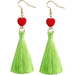Christmas Dangle Earrings for Women Green Monster Inspired Red Heart Green Tassel Halloween Costume Dress up Accessories