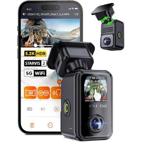 Vantrue E360 5.2K 360° Panoramic Dash Cam, 5GHz WiFi&GPS, Dual STARVIS 2, HDR,8 IR Night Vision, Front and Inside Dash Camera, Voice Control, Touchscreen, 24/7 Buffered Parking Mode, Support 512GB Max