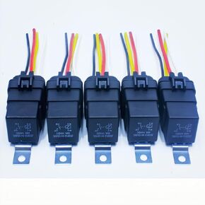 4-pin 40AMP 12V DC Waterproof Relay with Harness, Heavy Duty 12/16 AWG tinned Copper Wire, 4-pin SPST Pure Copper Coil Relay, 4-pin SPST Automotive Relay. (5 Pieces)