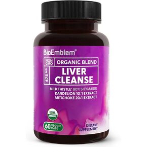 BioEmblem USDA Organic Liver Cleanse - 80% Silymarin Milk Thistle Extract for Liver Health and Liver Function with Dandelion & Artichoke Extracts - 100% Vegan, Non-GMO - Herbal Liver - 60 Capsules