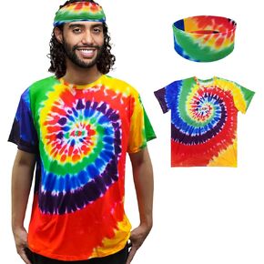 ATAMET Hippie Costume for Men Women 60s and 70s colorful T-shirt and headband 2-piece theme party