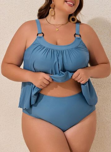 Aleumdr Plus Size Tankini Swimsuit for Women 2 Piece Tummy Control Bathing Suit Blouson Flowy Swim Dress with Bottom in Kuwait