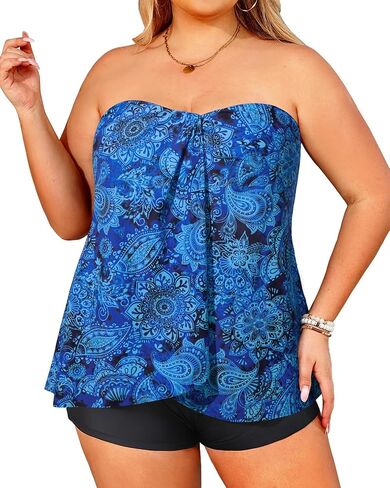 Daci Plus Size Bandeau Tankini Swimsuit for Women 2 Piece Halter Swim Top with Shorts Tummy Control Bathing Suits in Kuwait