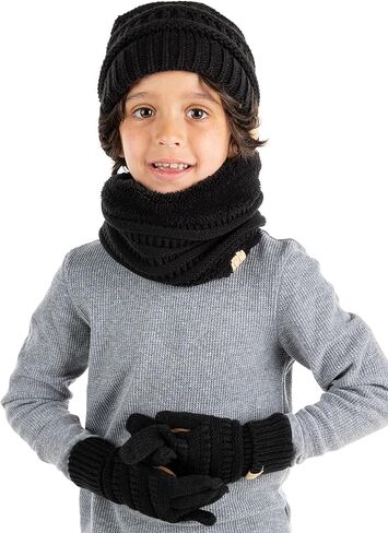 Funky Junque Kids Matching Winter Solid Ribbed Beanie Cap, Fleece Lined Neck Warmer, Stretchy Toddler Gloves Bundle in Kuwait