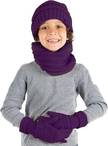 Funky Junque Kids Matching Winter Solid Ribbed Beanie Cap, Fleece Lined Neck Warmer, Stretchy Toddler Gloves Bundle in Kuwait