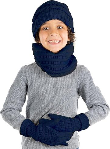 Funky Junque Kids Matching Winter Solid Ribbed Beanie Cap, Fleece Lined Neck Warmer, Stretchy Toddler Gloves Bundle in Kuwait
