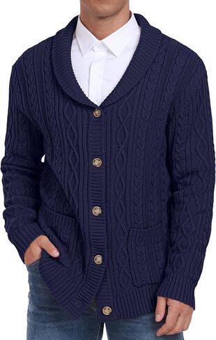 Sailwind Men's Casual Cardigan Long Sleeve Shawl Collar Buttons Down Cardigan Sweater Cable Knit Sweater with Pockets in Saudi Arabia