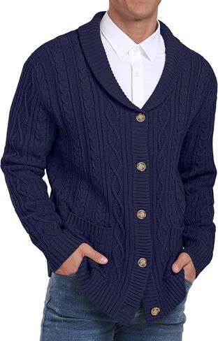 Sailwind Men's Casual Cardigan Long Sleeve Shawl Collar Buttons Down Cardigan Sweater Cable Knit Sweater with Pockets in Saudi Arabia