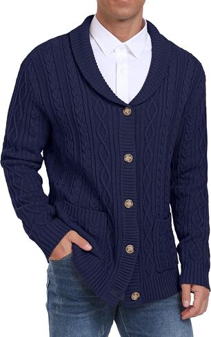 Sailwind Men's Casual Cardigan Long Sleeve Shawl Collar Buttons Down Cardigan Sweater Cable Knit Sweater with Pockets in Saudi Arabia