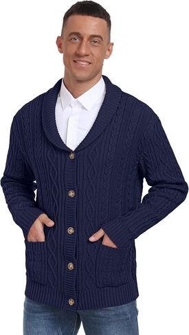 Sailwind Men's Casual Cardigan Long Sleeve Shawl Collar Buttons Down Cardigan Sweater Cable Knit Sweater with Pockets in Saudi Arabia