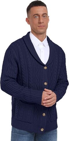Sailwind Men's Casual Cardigan Long Sleeve Shawl Collar Buttons Down Cardigan Sweater Cable Knit Sweater with Pockets in Saudi Arabia