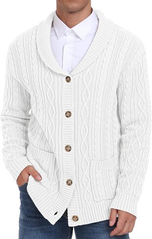 Sailwind Men's Casual Cardigan Long Sleeve Shawl Collar Buttons Down Cardigan Sweater Cable Knit Sweater with Pockets in Saudi Arabia
