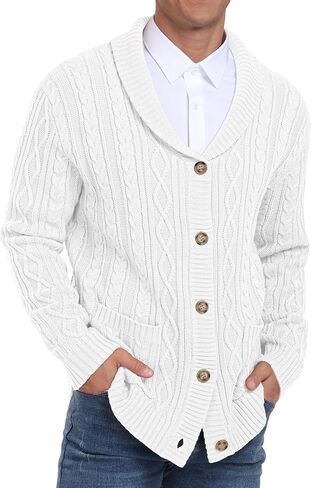 Sailwind Men's Casual Cardigan Long Sleeve Shawl Collar Buttons Down Cardigan Sweater Cable Knit Sweater with Pockets in Saudi Arabia