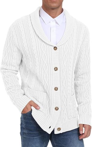 Sailwind Men's Casual Cardigan Long Sleeve Shawl Collar Buttons Down Cardigan Sweater Cable Knit Sweater with Pockets in Saudi Arabia