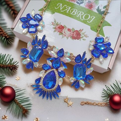 Chunky Royal Blue Crystal Elegant Statement Necklace Iridescent Rhinestone Bib Collar Necklaces Gold Paper- Clip Chain Costume Jewelry Christmas Gifts for Women in Saudi Arabia