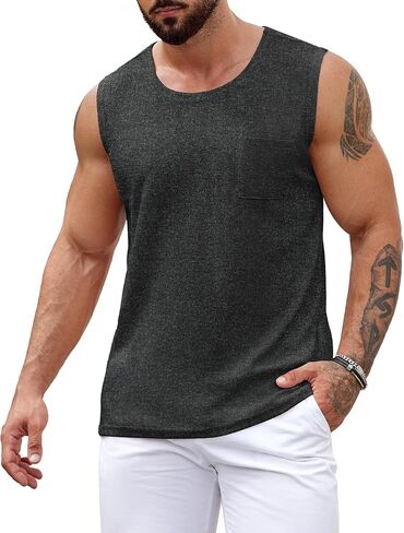COOFANDY Men's Knit Tank Tops Casual Sleeveless T Shirts Beach Tank Shirts with Pocket in Kuwait