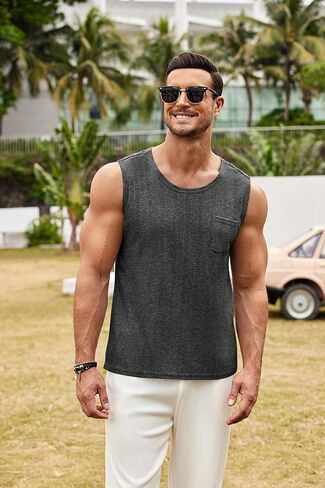 COOFANDY Men's Knit Tank Tops Casual Sleeveless T Shirts Beach Tank Shirts with Pocket in Kuwait
