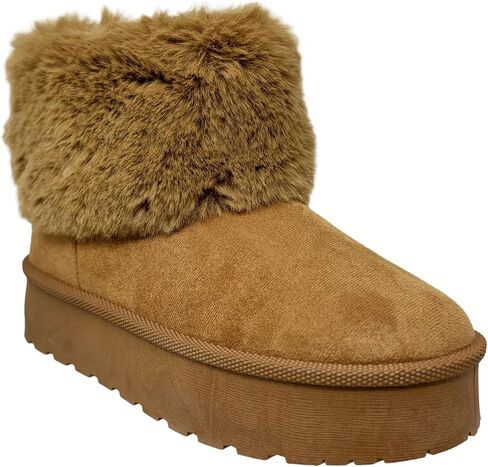 SOBEYO Women's Platform Booties Faux Suede Fur Lining Pull On Cuff Boots in Kuwait