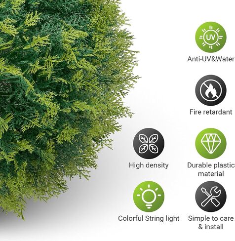 2 PCS 15" Artificial Plant Topiary Ball, Cypress Faux Balls with LED String Light, Fire-Retardant Faux Plants for Outdoor Decor, Porch, Patio and Wedding, Garden Spheres in Saudi Arabia