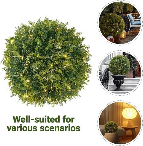 2 PCS 15" Artificial Plant Topiary Ball, Cypress Faux Balls with LED String Light, Fire-Retardant Faux Plants for Outdoor Decor, Porch, Patio and Wedding, Garden Spheres in Saudi Arabia
