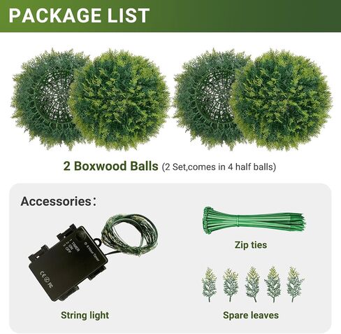 2 PCS 15" Artificial Plant Topiary Ball, Cypress Faux Balls with LED String Light, Fire-Retardant Faux Plants for Outdoor Decor, Porch, Patio and Wedding, Garden Spheres in Saudi Arabia