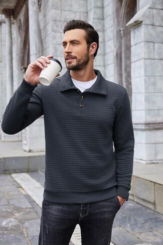 COOFANDY Mens Quarter Pullover Quilted Sweatshirt Casual Knit Long Sleeve Mock Neck Sweater Waffle Collared Pullover in Saudi Arabia