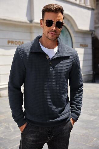 COOFANDY Mens Quarter Pullover Quilted Sweatshirt Casual Knit Long Sleeve Mock Neck Sweater Waffle Collared Pullover in Saudi Arabia