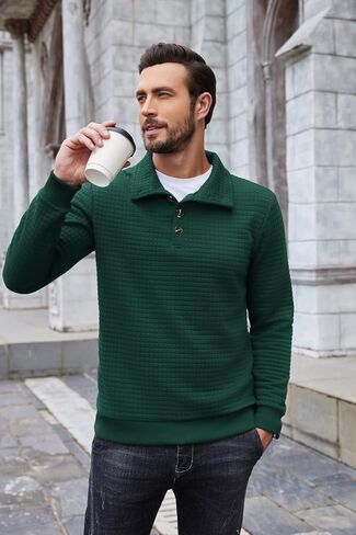 COOFANDY Mens Quarter Pullover Quilted Sweatshirt Casual Knit Long Sleeve Mock Neck Sweater Waffle Collared Pullover in Saudi Arabia