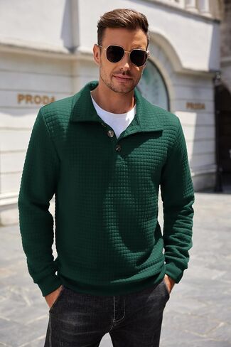 COOFANDY Mens Quarter Pullover Quilted Sweatshirt Casual Knit Long Sleeve Mock Neck Sweater Waffle Collared Pullover in Saudi Arabia