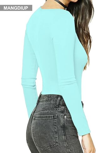 MANGDIUP Women's Round Collar Long Sleeve Elastic Bodysuit Jumpsuit in Saudi Arabia