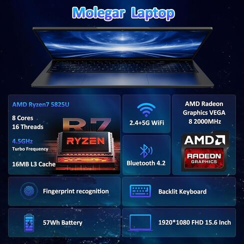 Laptop, 15.6" FHD IPS Display, AMD Ryzen7 5700U, 16GB RAM, 1TB PCIe SSD, Fingerprint Reader, Backlit Keyboard, Webcam, Wi-Fi 6, Windows 11 Pro, Metal Case, Grey in Saudi Arabia