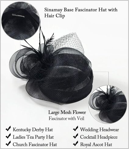 Z&X Sinamay Fascinator Hat Floral Feather Pillbox Derby Hats for Women Wedding Tea Party with Headband Clip in Saudi Arabia
