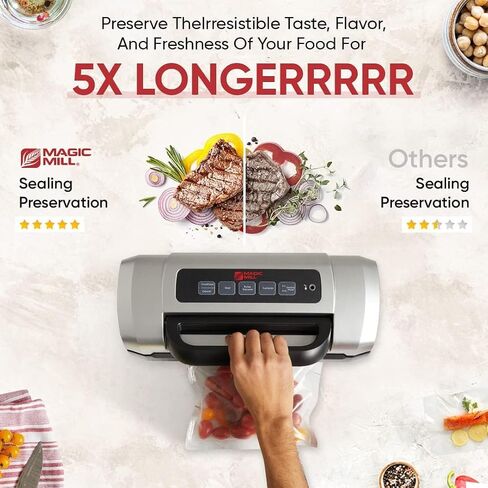 Magic Mill Vacuum Sealer Machine | Pro Handle With Patent Locking Technology for Easy Use | Food Preservation for Wet, Dry, Moist, Powerful Double Pump, Built-In Roll and Bag Cutter in Saudi Arabia